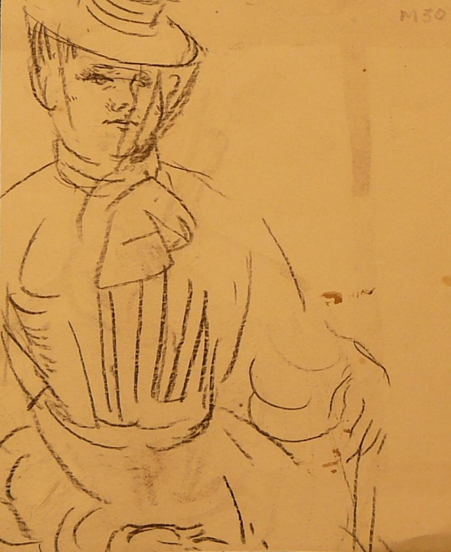 Recto: Drawing of lady seated with hat and veil ......Verso watercolour idem